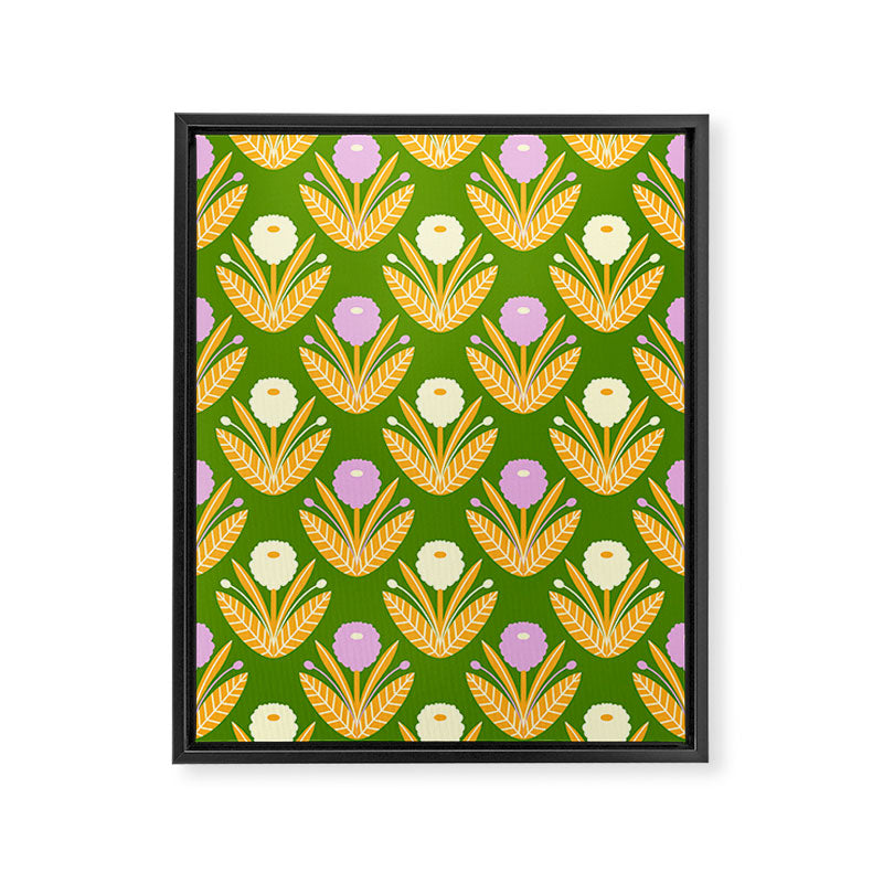 Happy White and Purple Dahlias Pattern - Green Framed Canvas Print Gallery Image 8