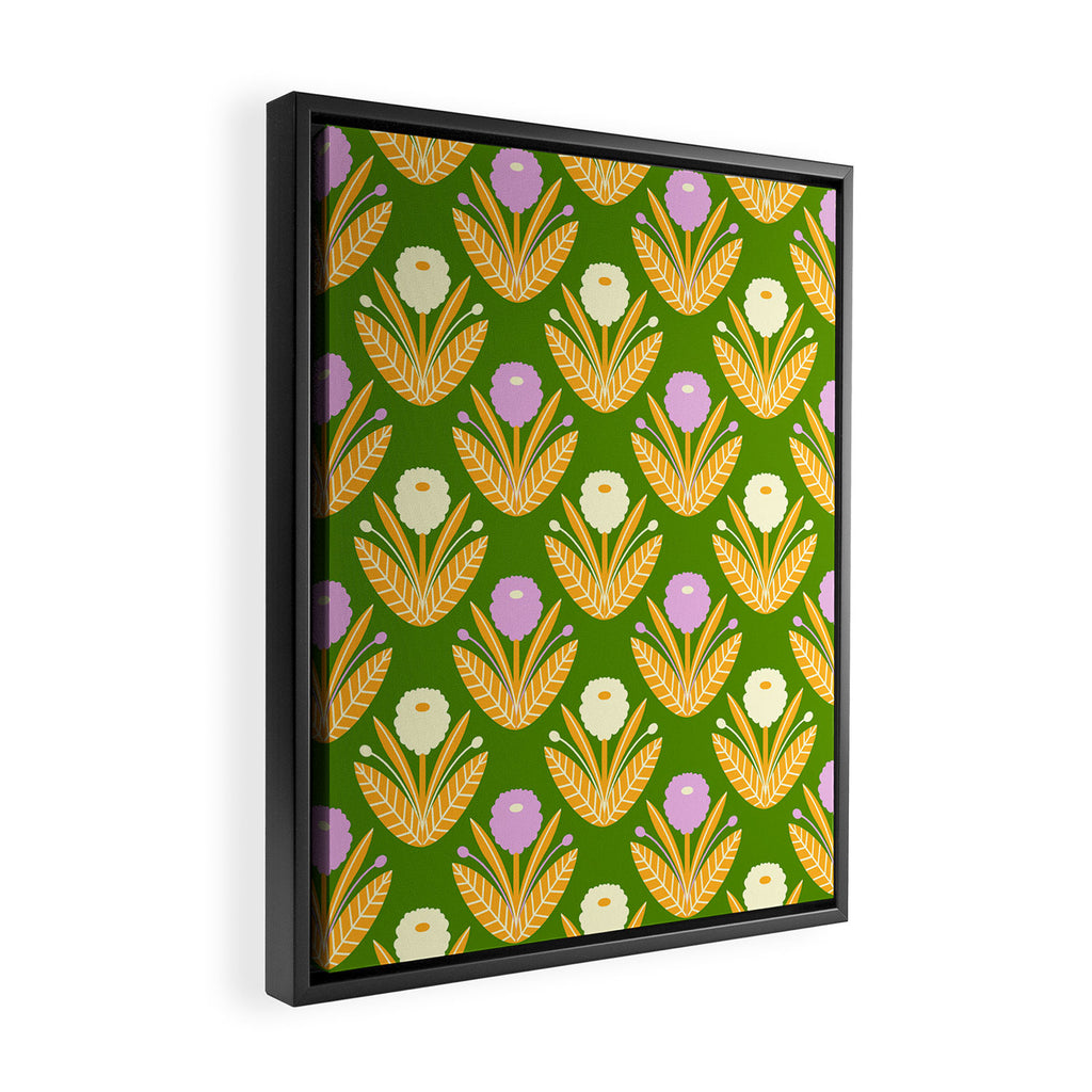 Happy White and Purple Dahlias Pattern - Green Framed Canvas Print Gallery Image 2