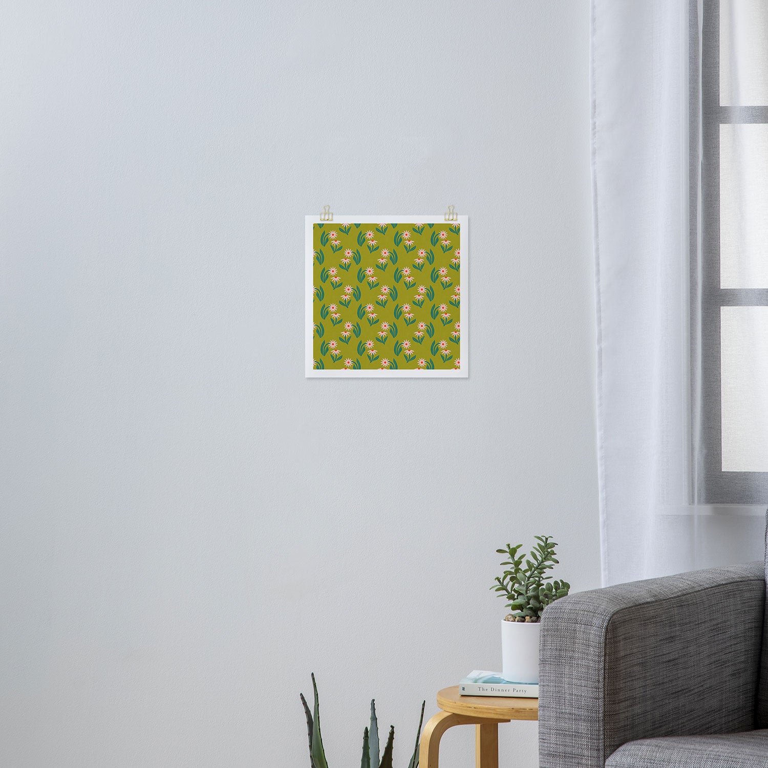 Pink Daisy Pattern - Green Art Print Gallery Image 3