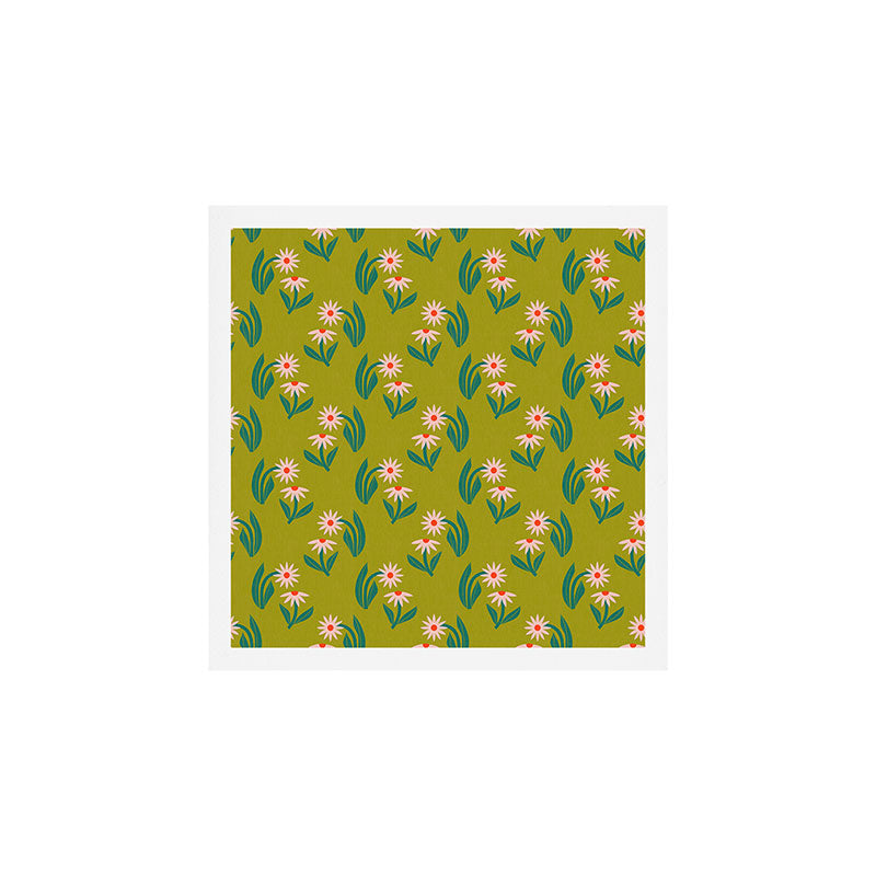 Pink Daisy Pattern - Green Art Print Gallery Image 1