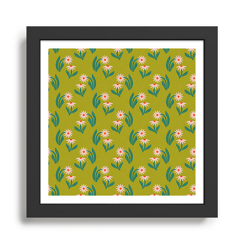 Pink Daisy Pattern - Green Framed Art Print Gallery Image 1