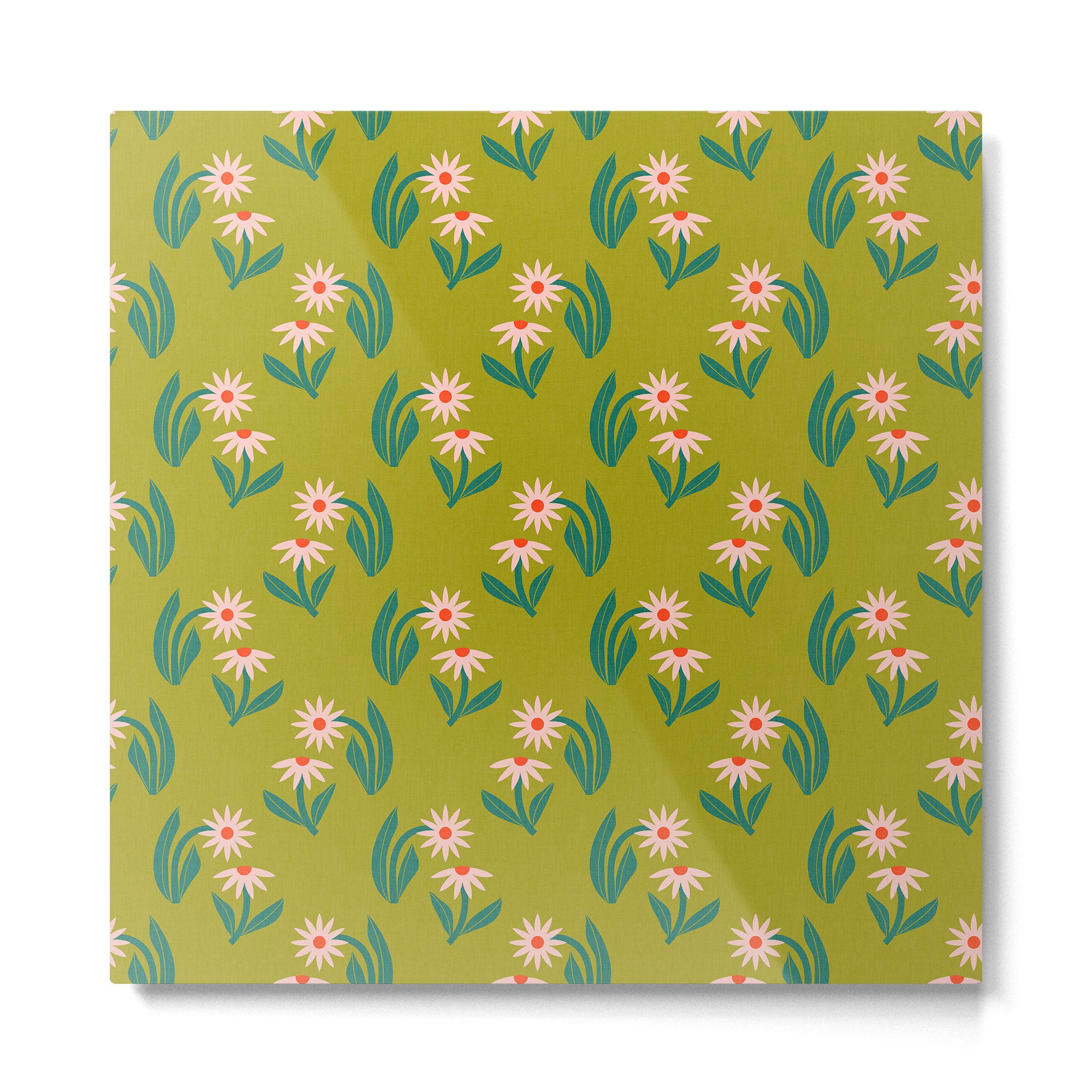 Pink Daisy Pattern - Green Metal Print Gallery Image 2