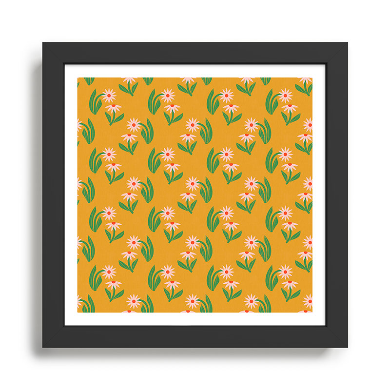 Pink Daisy Pattern - Yellow Framed Art Print Gallery Image 1