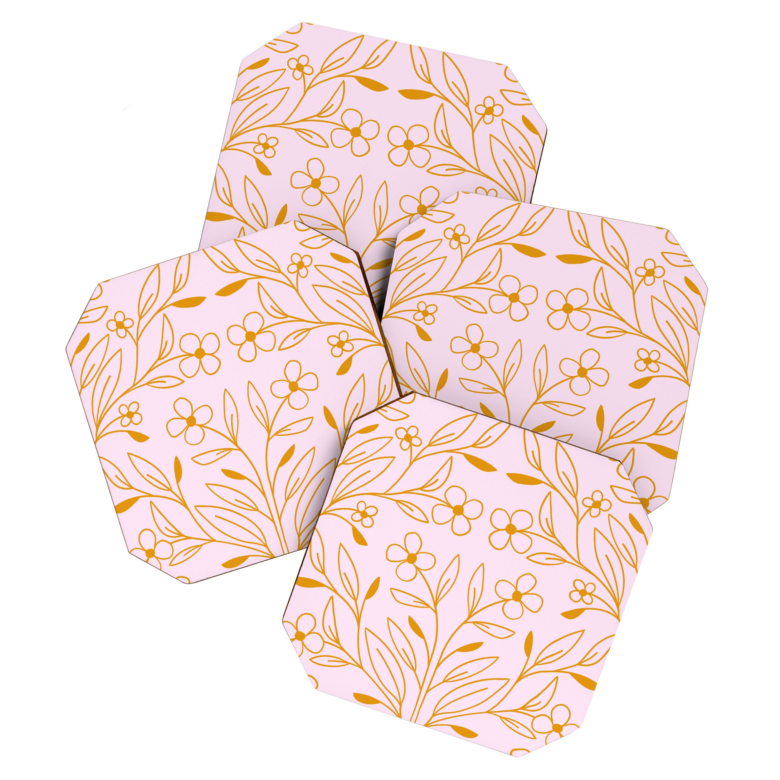 Playful Doodled Blooms Pattern - Pink and Gold Coaster Gallery Image 1
