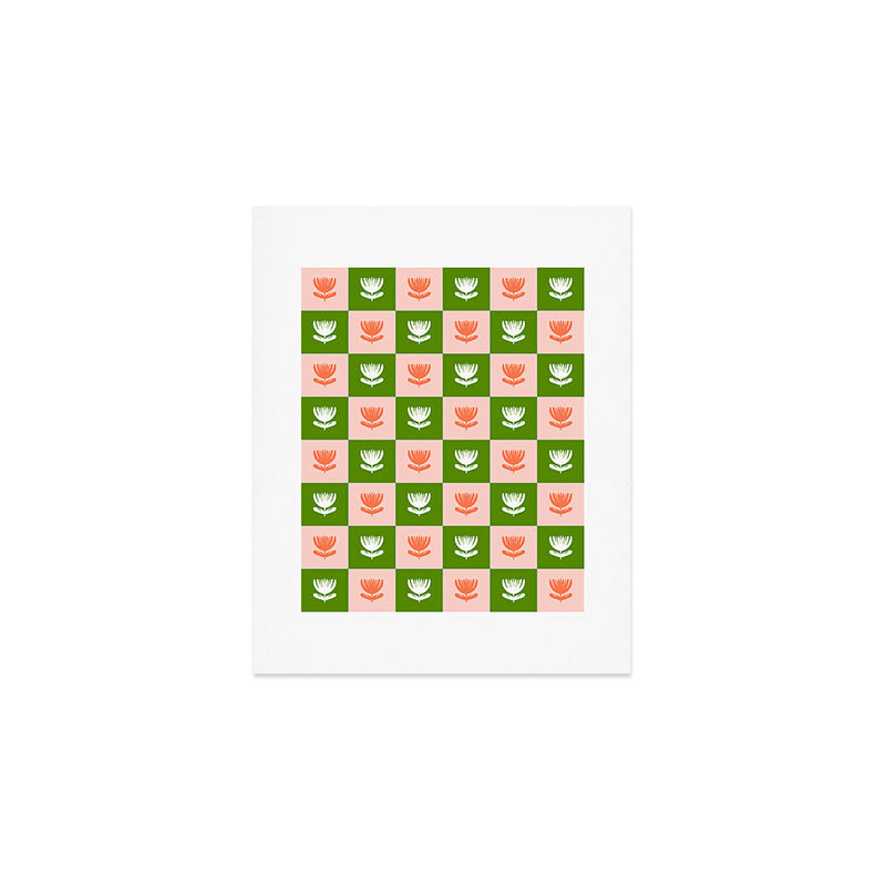 Retro Checkered Tulips Pattern - Pink and Green Art Print Gallery Image 1