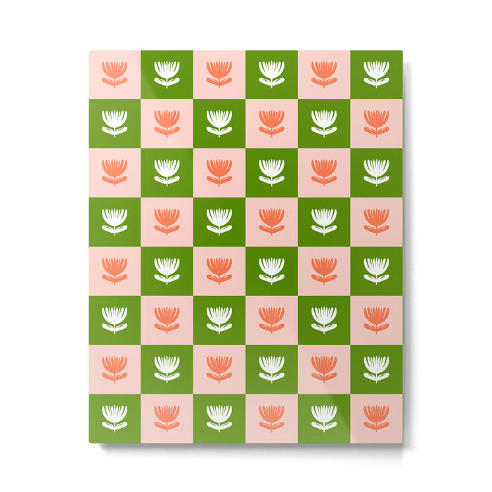 Retro Checkered Tulips Pattern - Pink and Green Metal Print Gallery Image 1