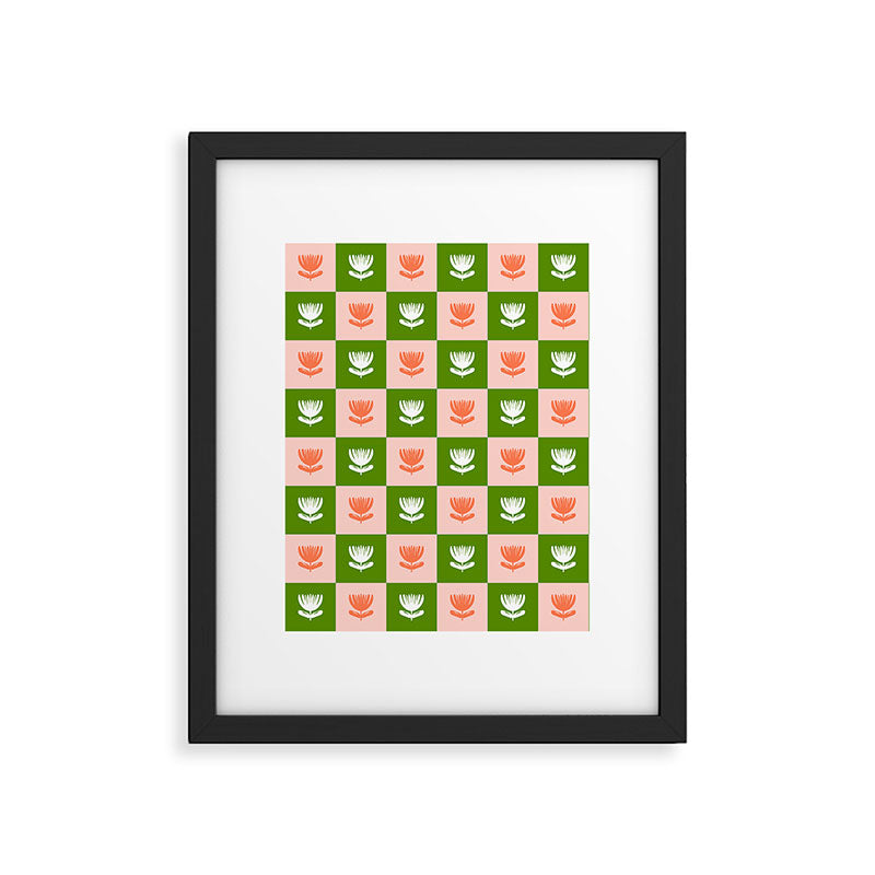 Retro Checkered Tulips Pattern - Pink and Green Framed Art Print Gallery Image 6