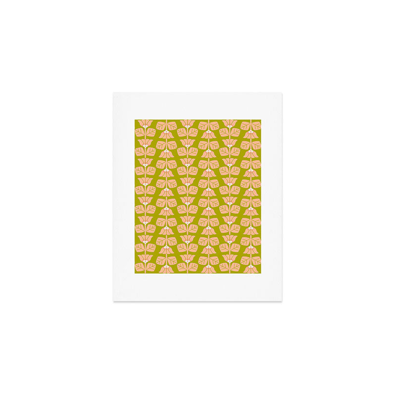 Retro Peach Blossoms Pattern - Green Art Print Gallery Image 1