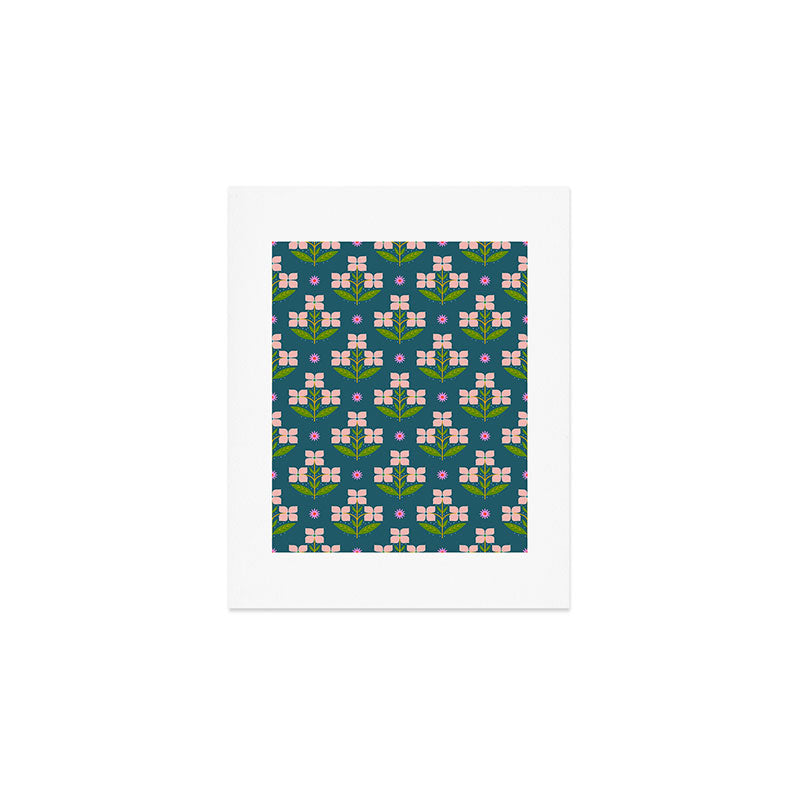 Retro Pink Floral Bunches - Green Pattern Art Print Gallery Image 1