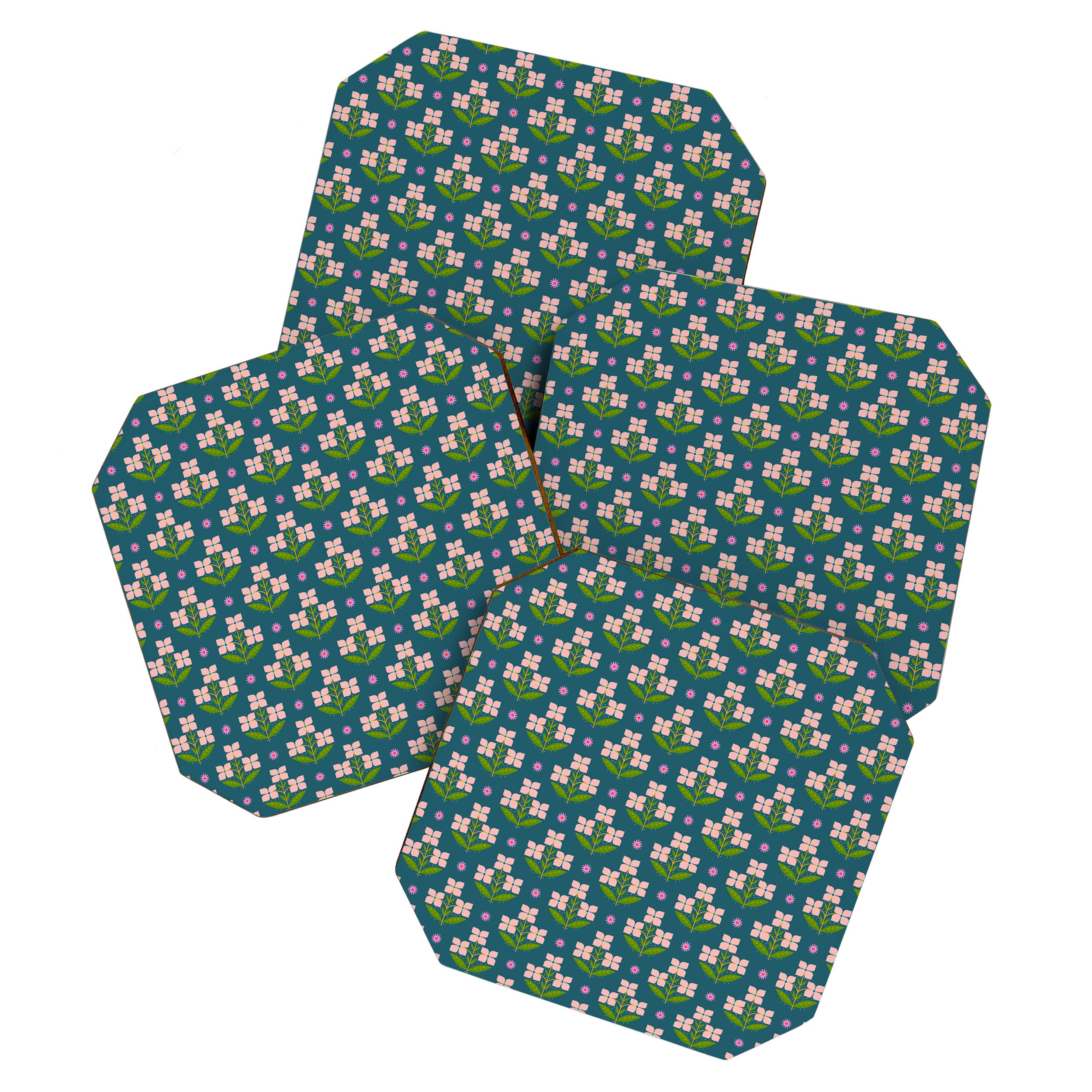 Retro Pink Floral Bunches - Green Pattern Coaster Gallery Image 1