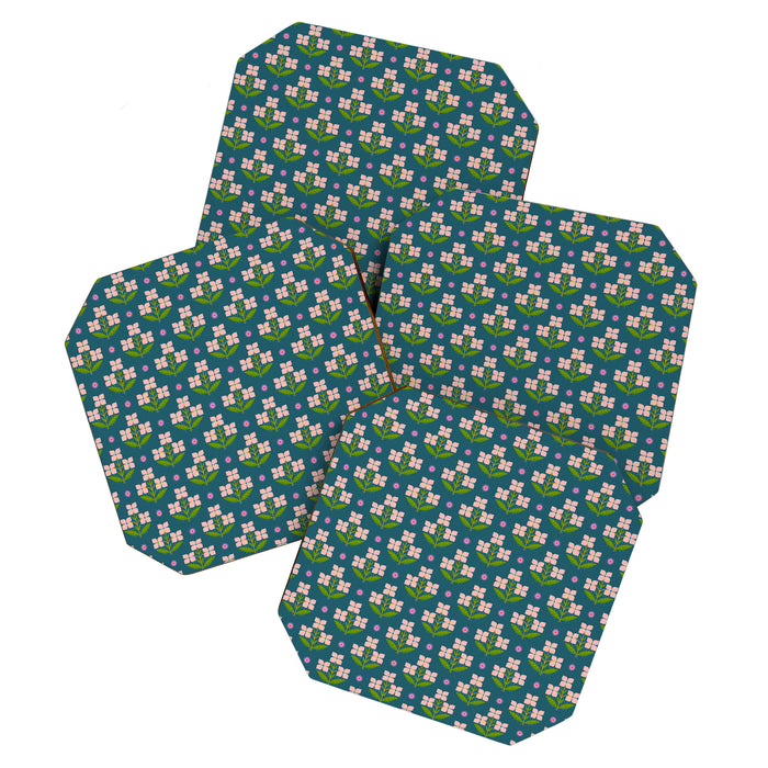 Retro Pink Floral Bunches - Green Pattern Coaster Gallery Image 1