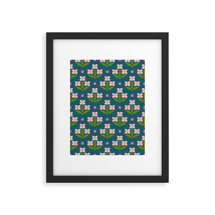 Retro Pink Floral Bunches - Green Pattern Framed Art Print Gallery Image 1