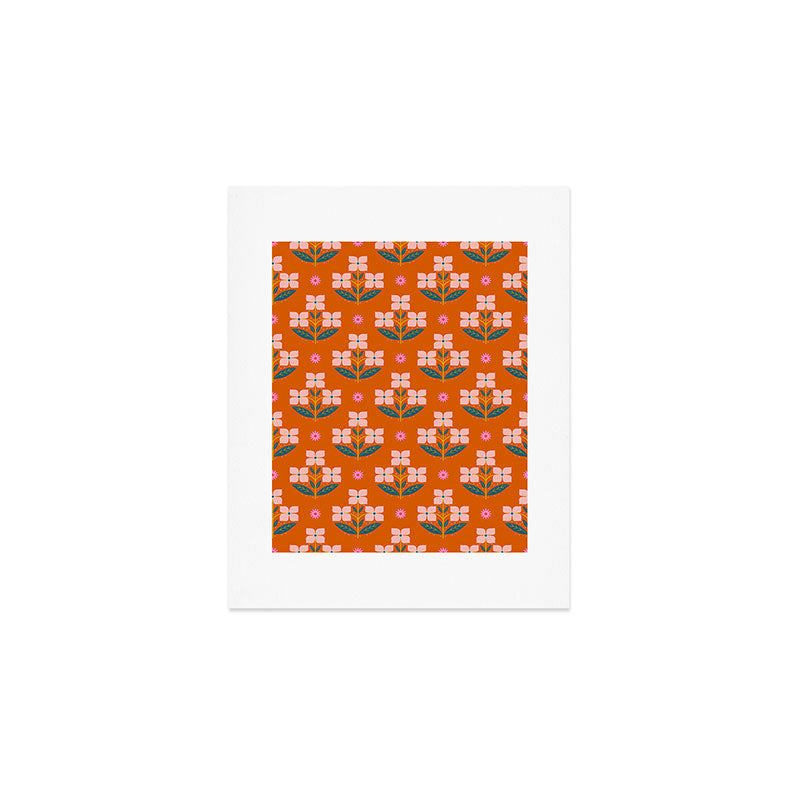 Retro Pink Floral Bunches Pattern - Terracotta  Art Print Gallery Image 1