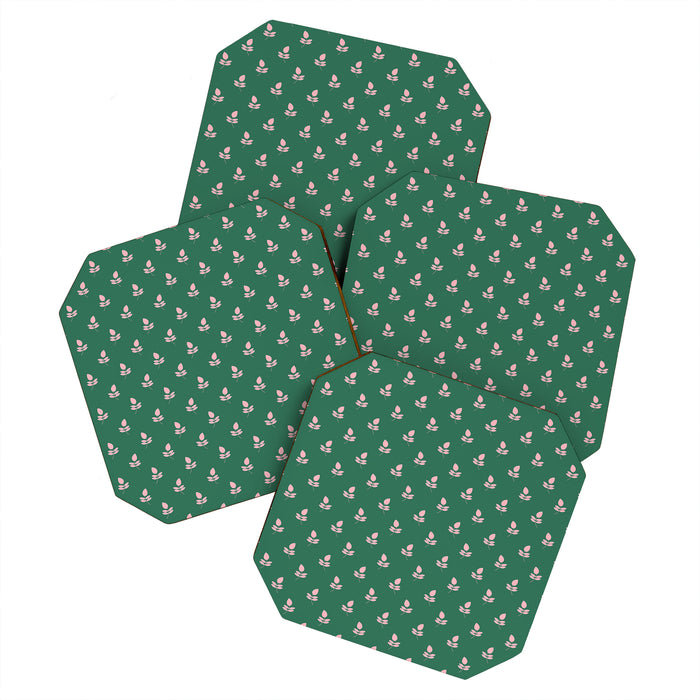 Retro Pink Leaf Pattern - Green Background Coaster Gallery Image 1