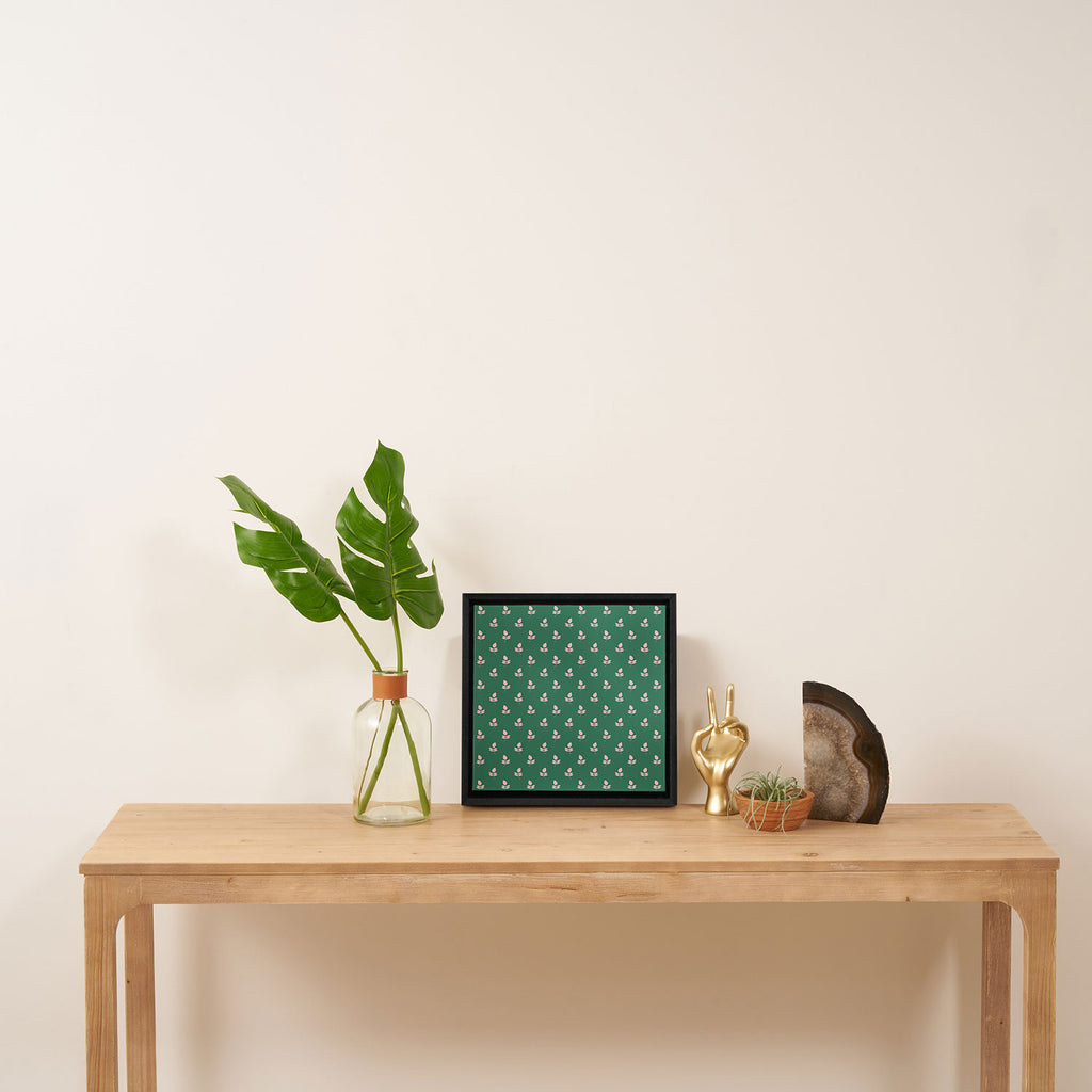 Retro Pink Leaf Pattern - Green Background Framed Canvas Print Gallery Image 3