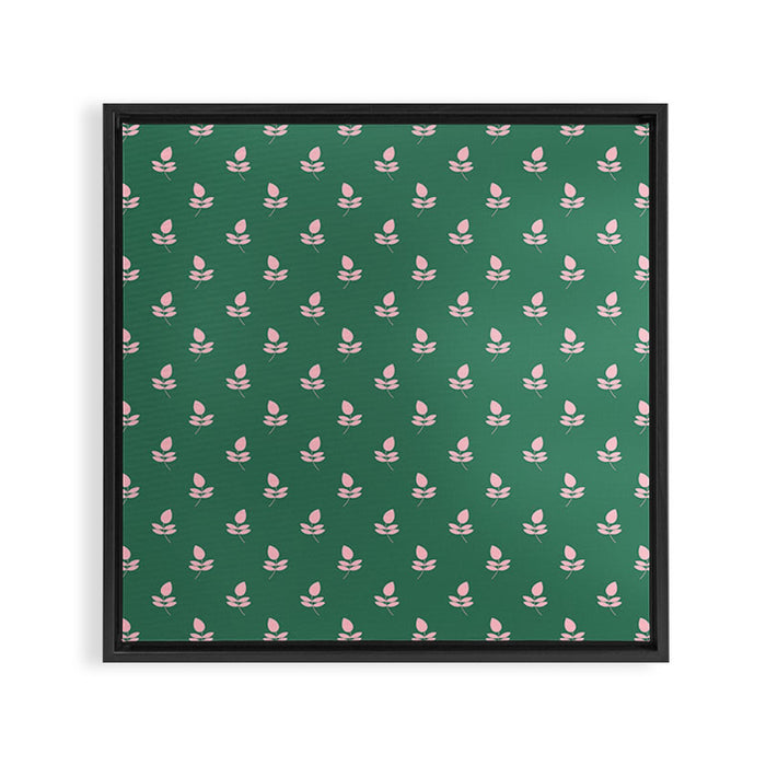 Retro Pink Leaf Pattern - Green Background Framed Canvas Print Gallery Image 1