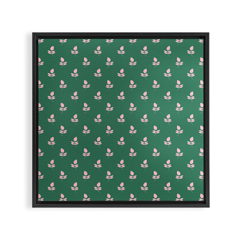 Retro Pink Leaf Pattern - Green Background Framed Canvas Print Gallery Image 3