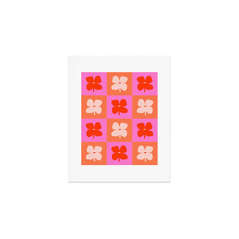 Retro Tropical Checkered Floral Pattern Art Print Gallery Image 1