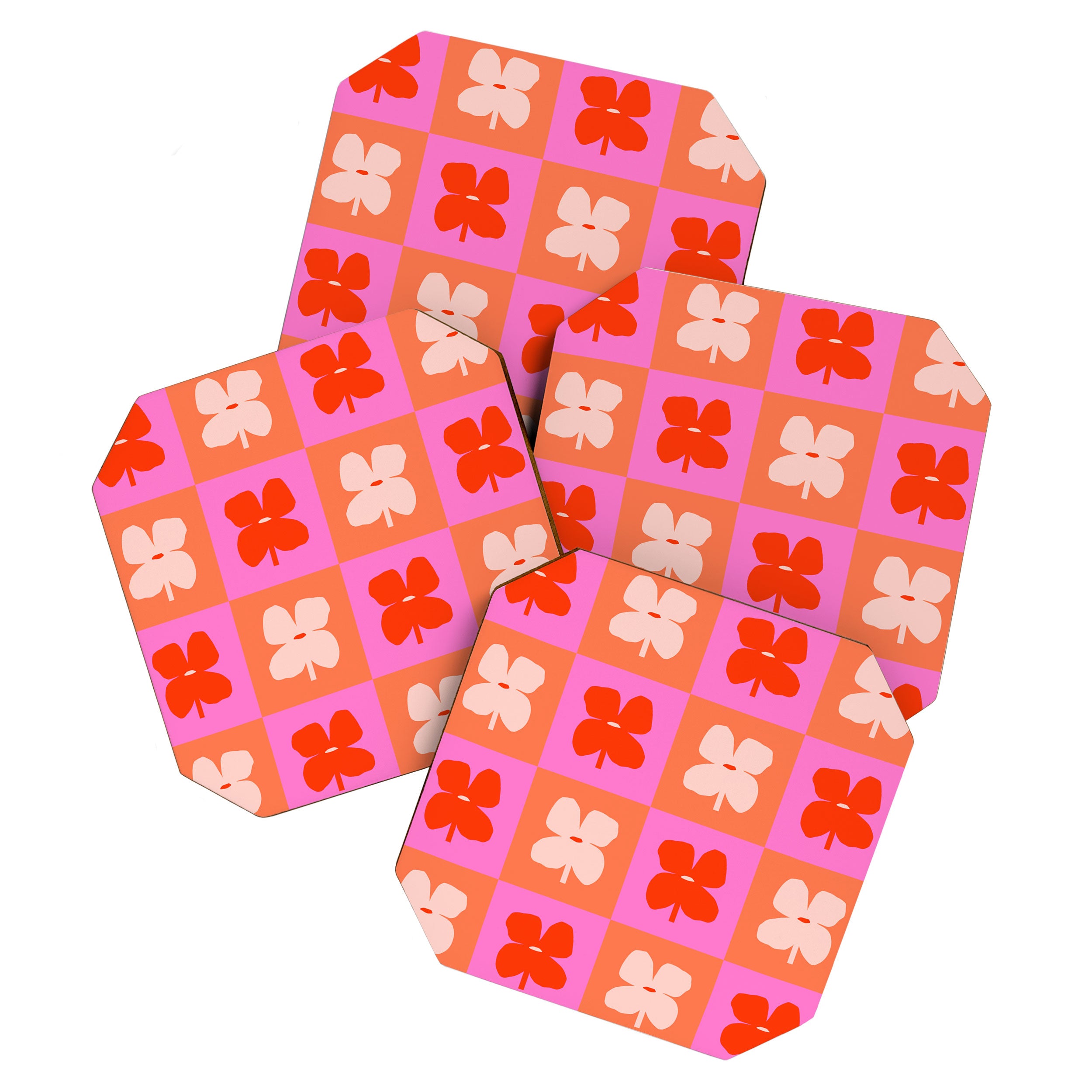 Retro Tropical Checkered Floral Pattern Coaster Gallery Image 1