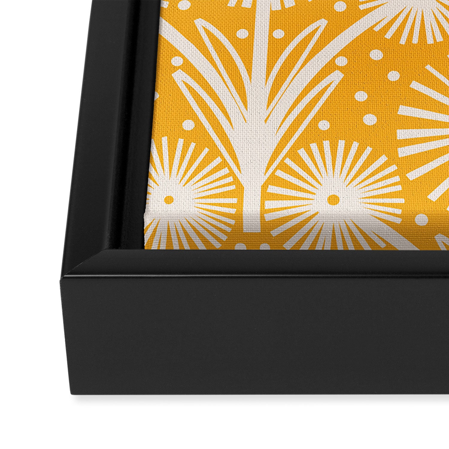 Retro White Fanned Floral Pattern - Yellow Background Framed Canvas Print Gallery Image 3