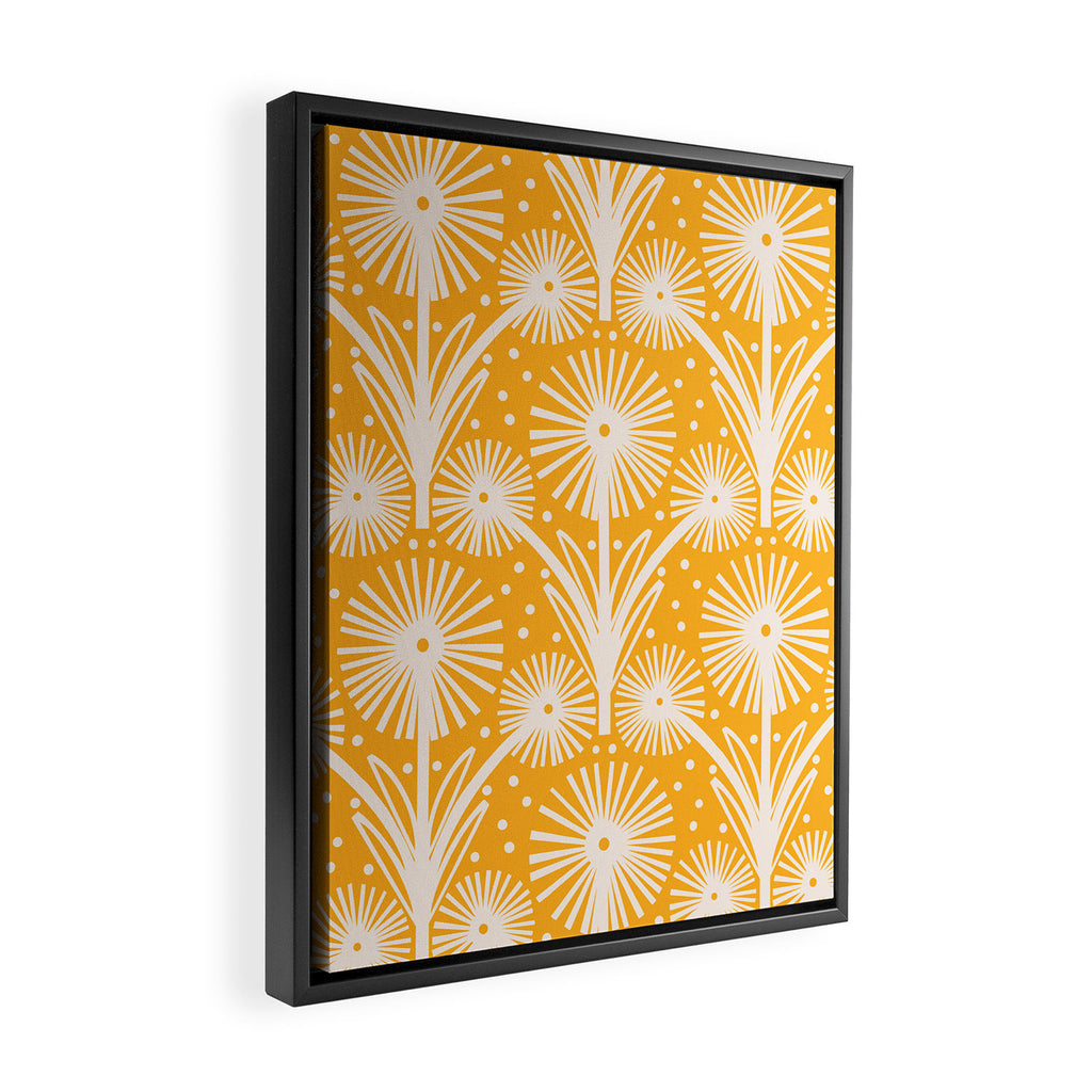 Retro White Fanned Floral Pattern - Yellow Background Framed Canvas Print Gallery Image 2