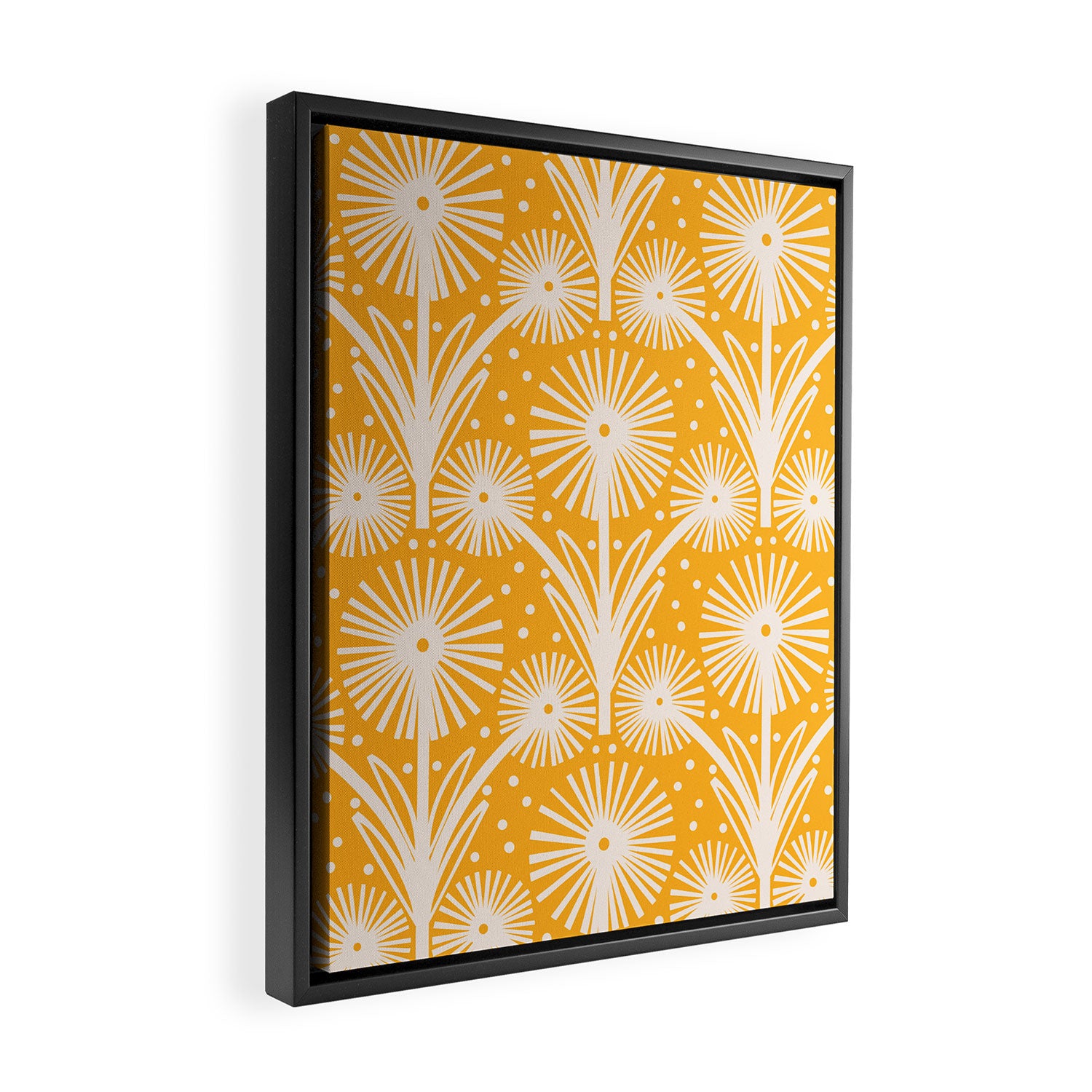 Retro White Fanned Floral Pattern - Yellow Background Framed Canvas Print Gallery Image 2