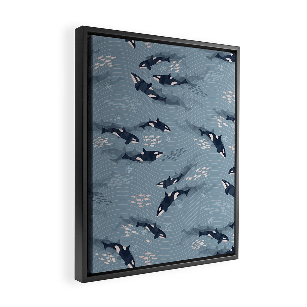 Orca in Motion / blue-gray ocean pattern Framed Canvas Print Gallery Image 2