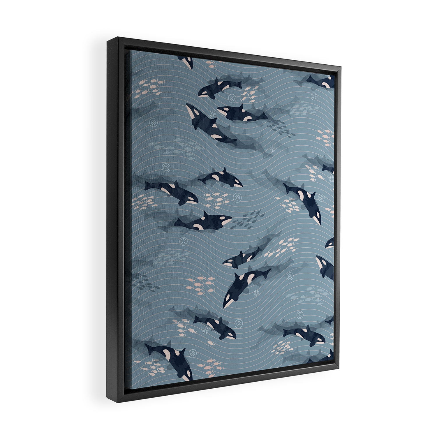 Orca in Motion / blue-gray ocean pattern Framed Canvas Print Gallery Image 2