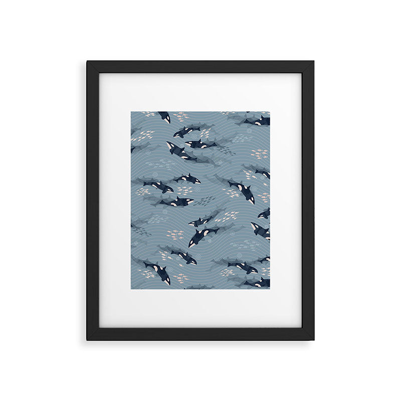 Orca in Motion / blue-gray ocean pattern Framed Art Print Gallery Image 6