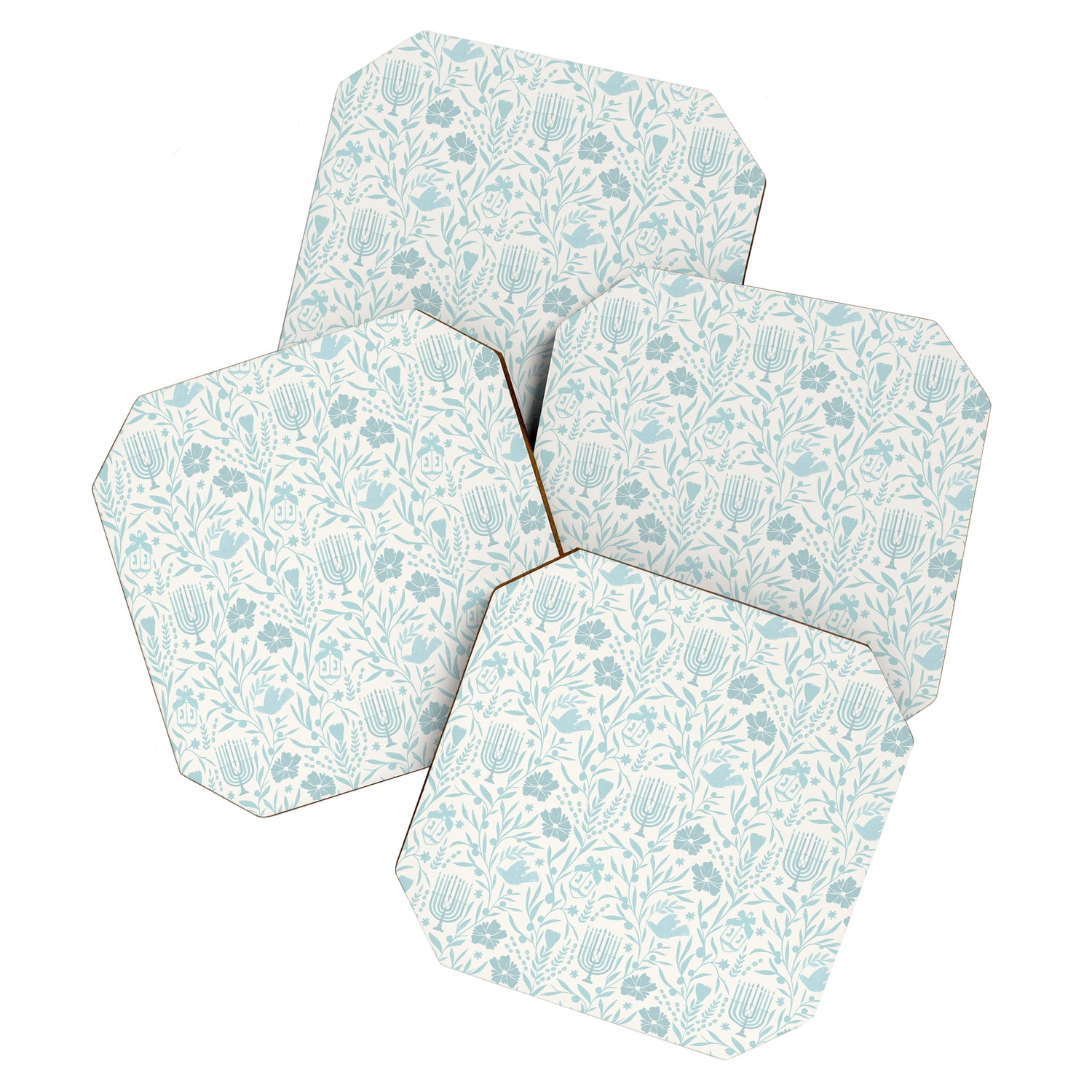 Hanukkah Toile Blue and Cream Menorah Dreidels Peace Dove Botanicals and Olive Branch Coaster Gallery Image 1