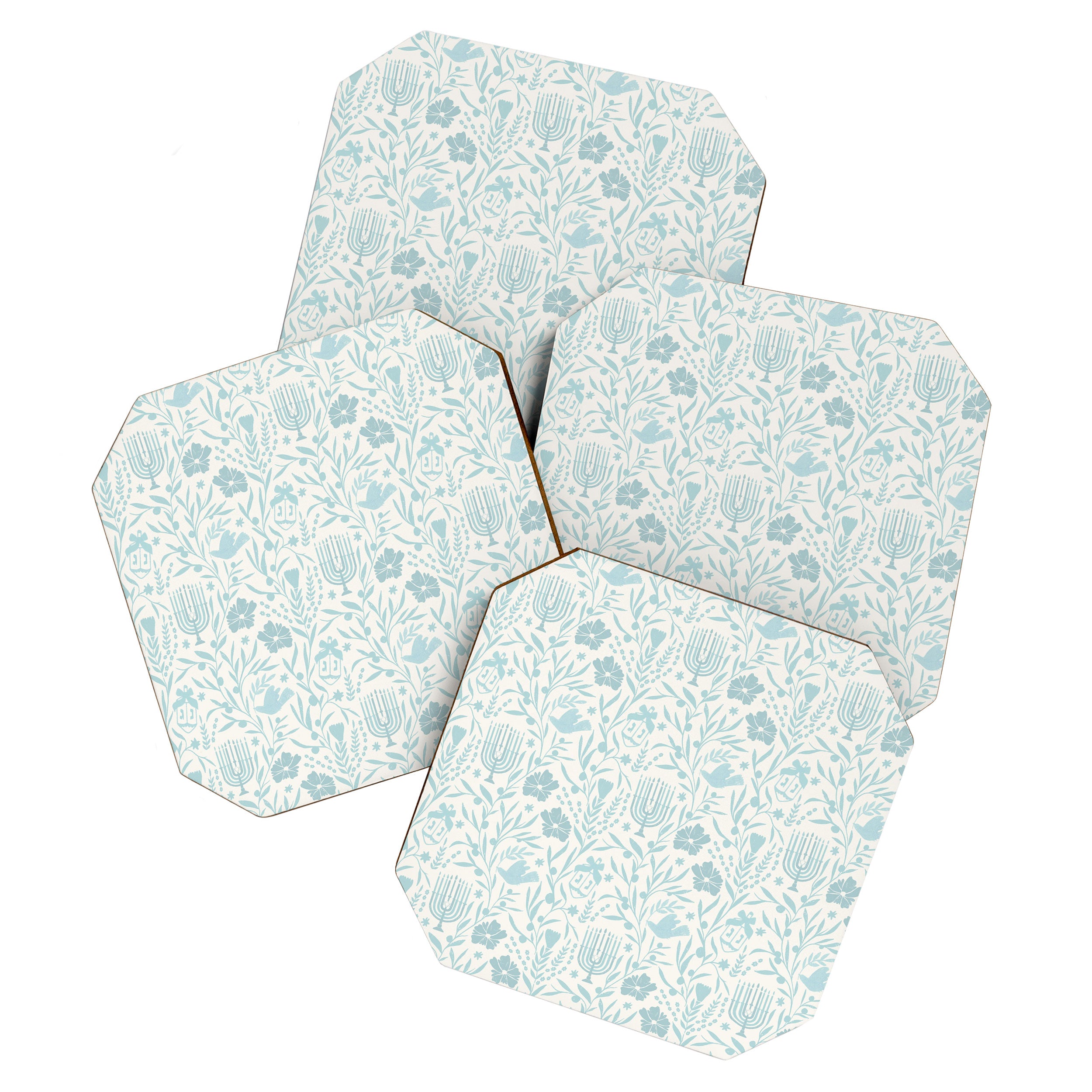 Hanukkah Toile Blue and Cream Menorah Dreidels Peace Dove Botanicals and Olive Branch Coaster Gallery Image 1