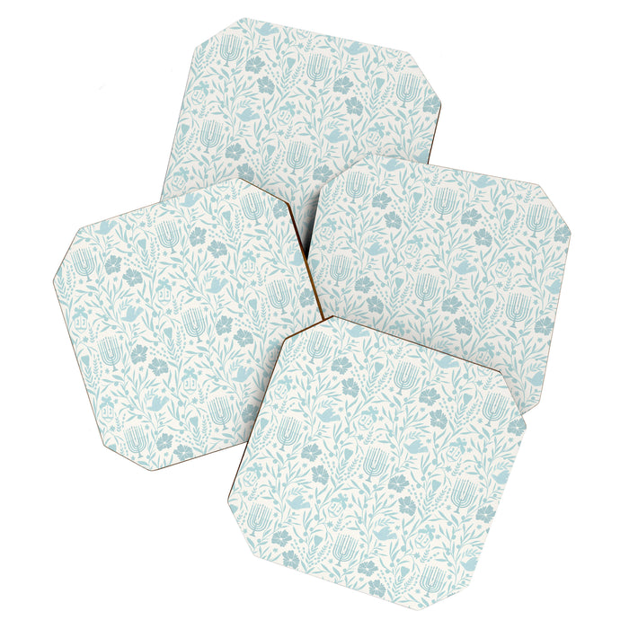 Hanukkah Toile Blue and Cream Menorah Dreidels Peace Dove Botanicals and Olive Branch Coaster Gallery Image 1