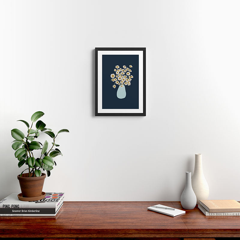 yellow flowers in blue vase Framed Art Print Gallery Image 2