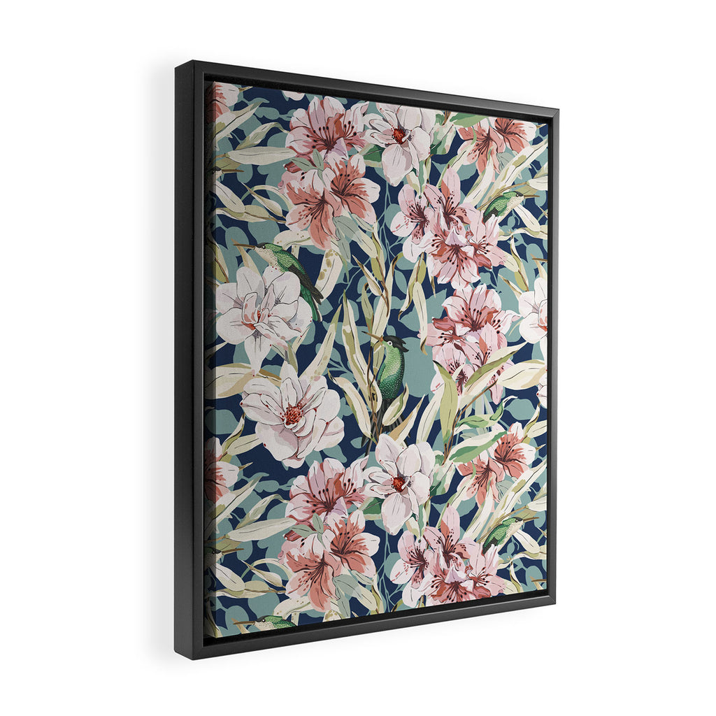 Birds in lush night garden flowers Framed Canvas Print Gallery Image 2