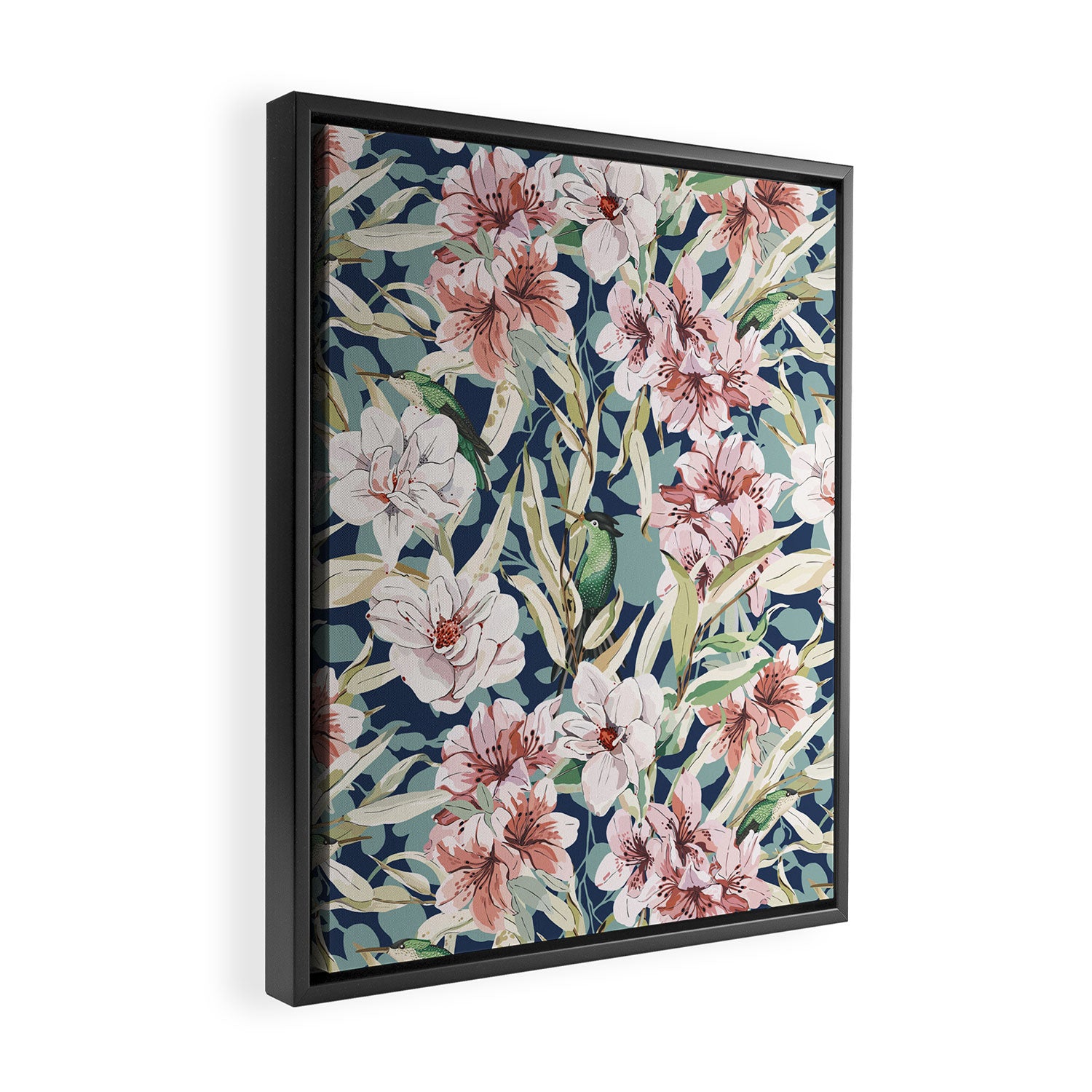 Birds in lush night garden flowers Framed Canvas Print Gallery Image 2