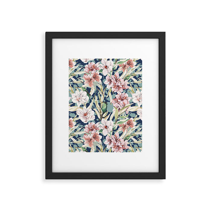 Birds in lush night garden flowers Framed Art Print Gallery Image 1
