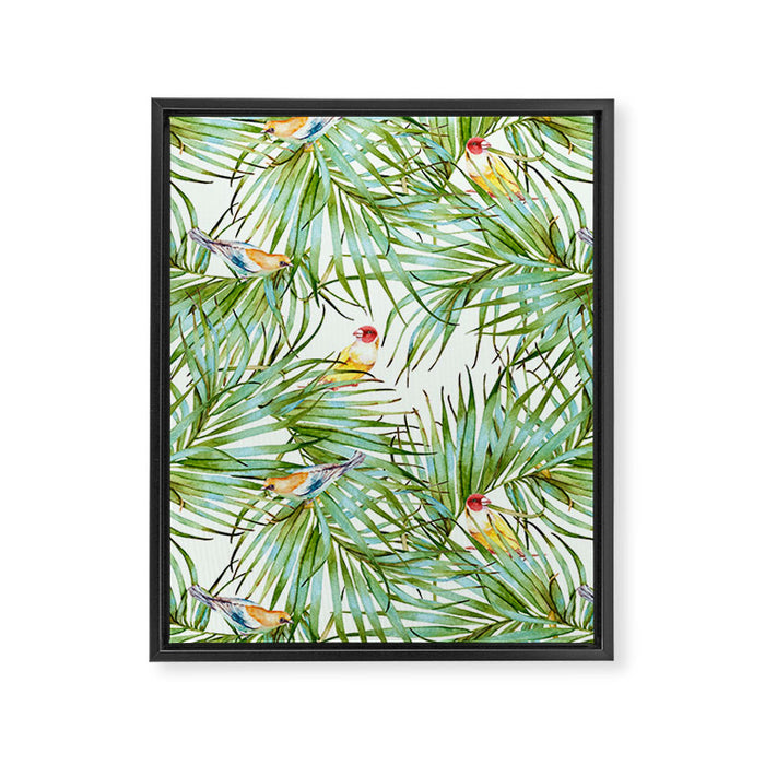 Birds on the leaves of the jungle Framed Canvas Print Gallery Image 1