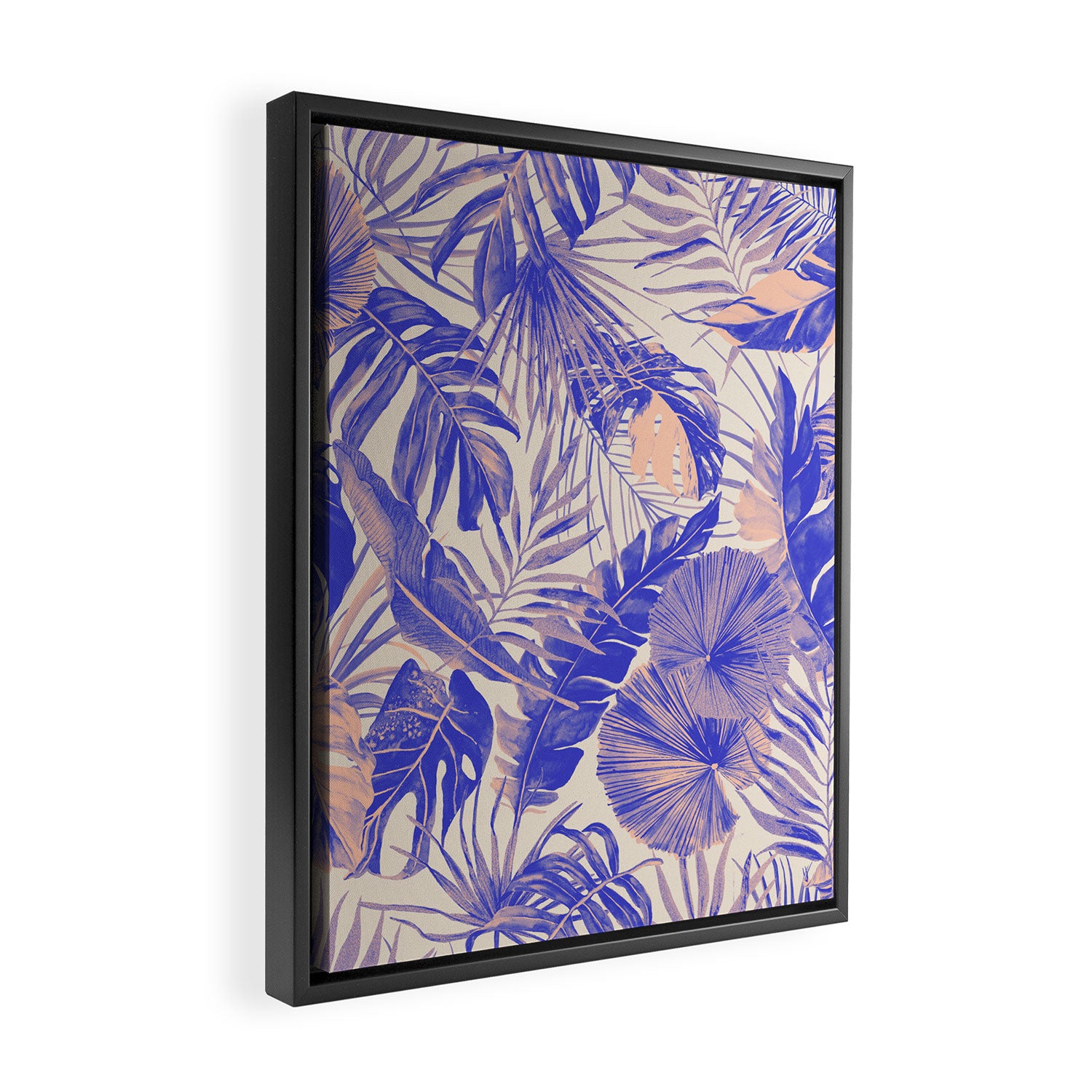 Blue and pink leafy jungle J Framed Canvas Print Gallery Image 2