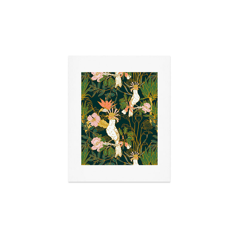 Drawing of exotic birds in the dark jungle Art Print Gallery Image 1