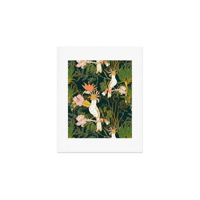 Drawing of exotic birds in the dark jungle Art Print Gallery Image 1