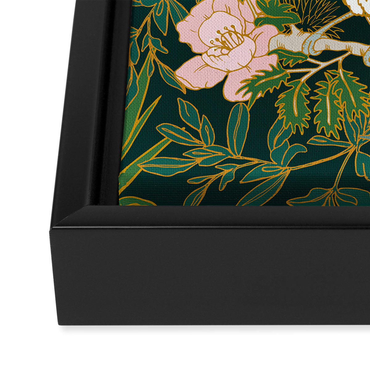 Drawing of exotic birds in the dark jungle Framed Canvas Print Gallery Image 3