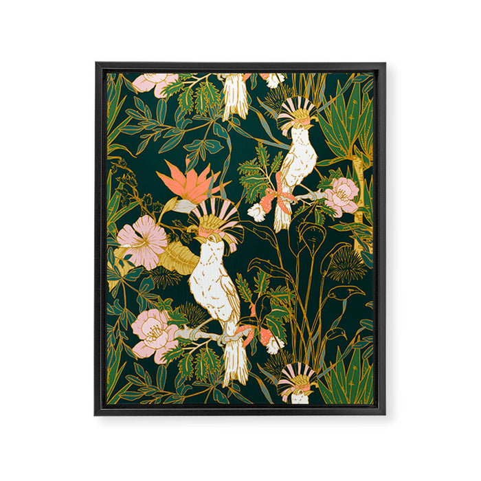 Drawing of exotic birds in the dark jungle Framed Canvas Print Gallery Image 1