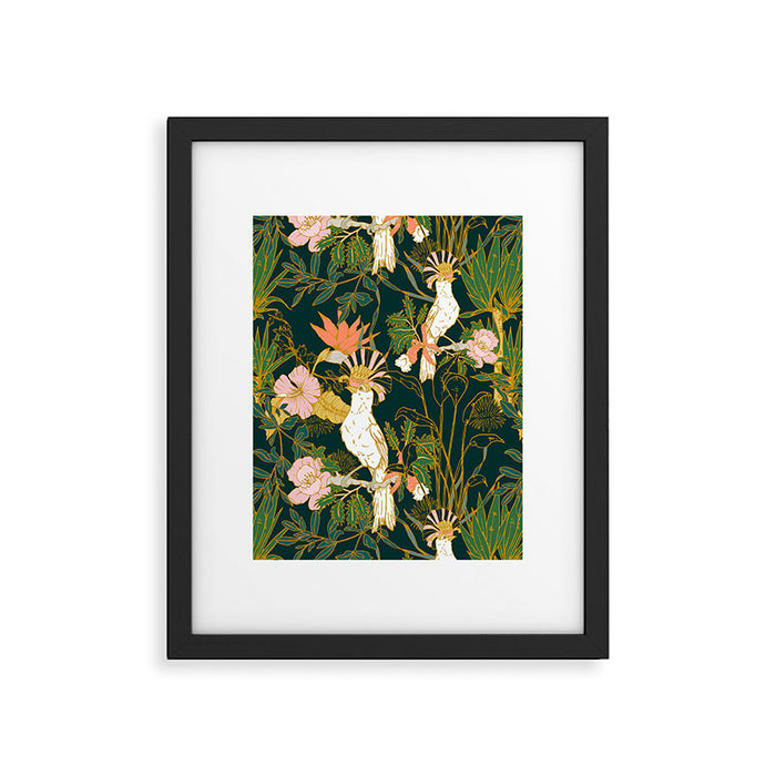 Drawing of exotic birds in the dark jungle Framed Art Print Gallery Image 1