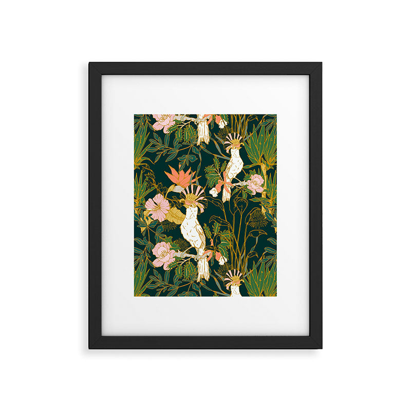 Drawing of exotic birds in the dark jungle Framed Art Print Gallery Image 4