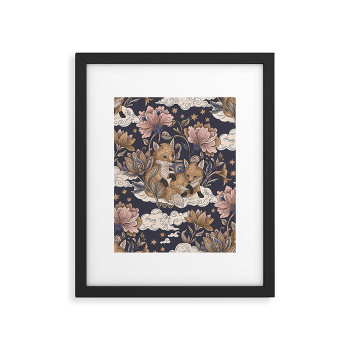 Fox Cubs in Moonlit Garden Framed Art Print Gallery Image 1