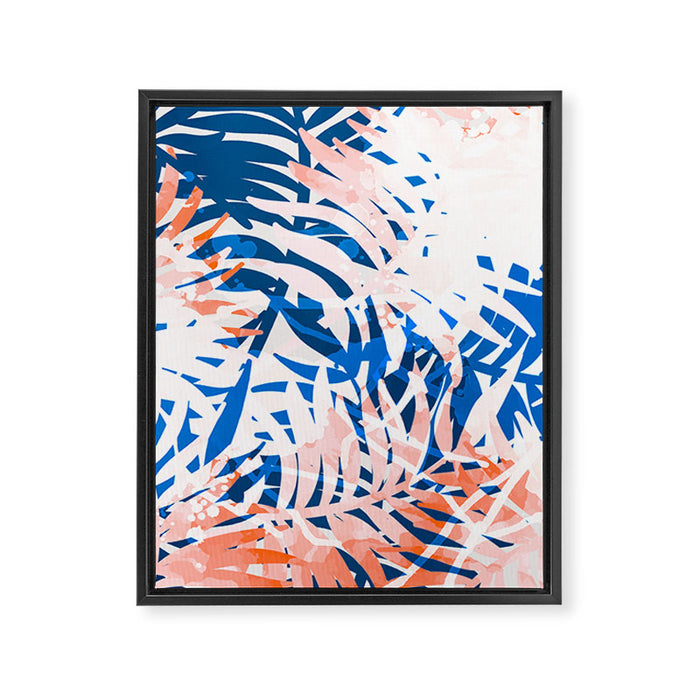 Tropical palms blue and coral Framed Canvas Print Gallery Image 1