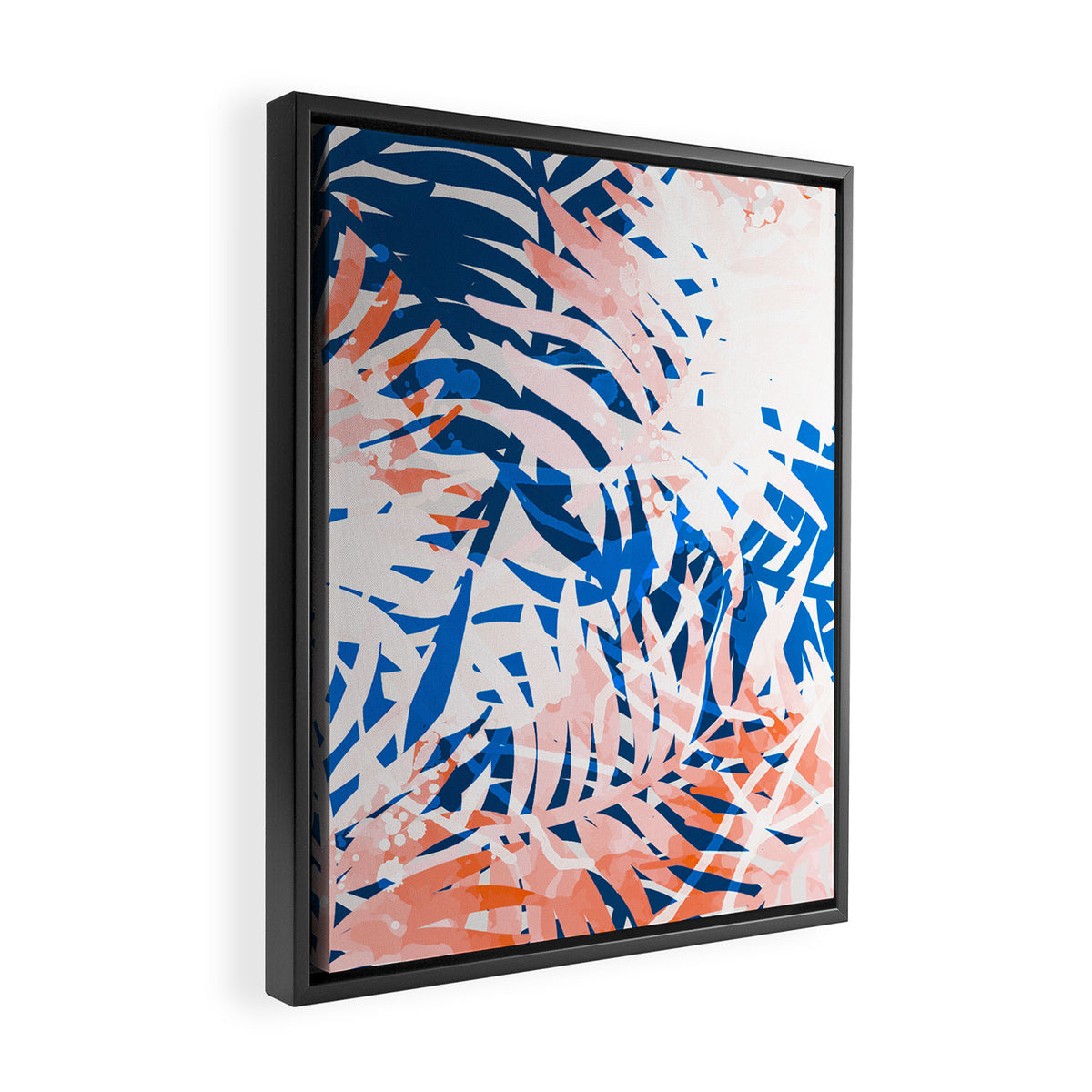 Tropical palms blue and coral Framed Canvas Print Gallery Image 2