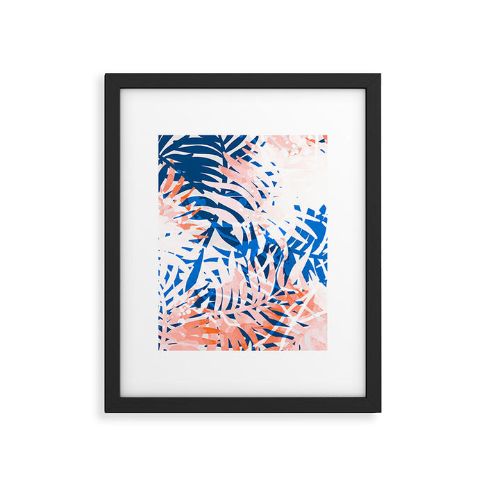 Tropical palms blue and coral Framed Art Print Gallery Image 1