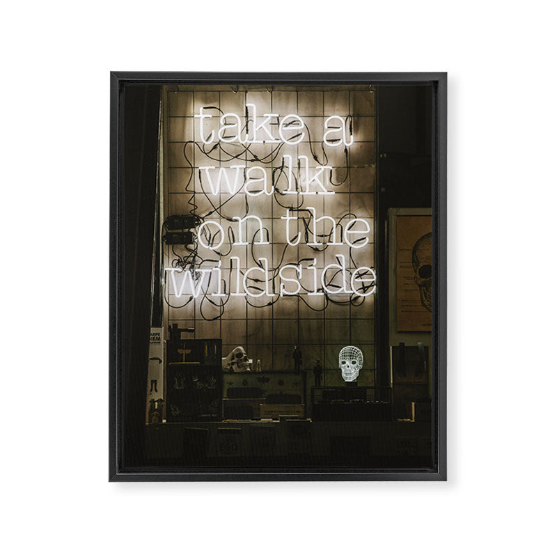 Hey Baby Take a Walk on the Wild Side -  70s Lou Reed quote street art neon retro typography Framed Canvas Print Gallery Image 6