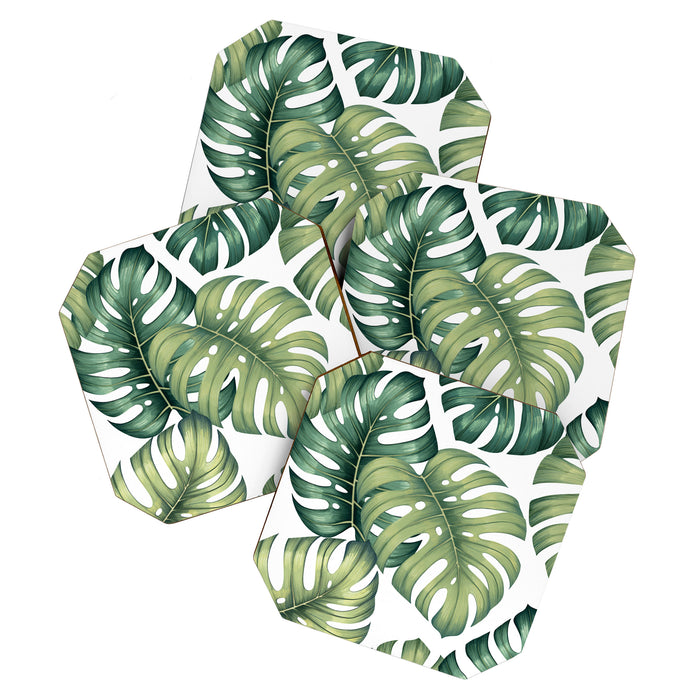 Monstera botanical leaves illustration pattern on white Coaster Gallery Image 1